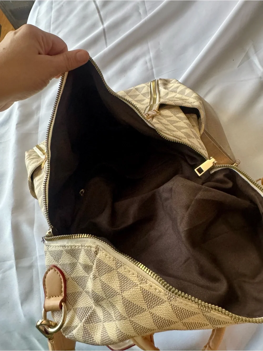 Beige Geometric Pattern Women's Backpack with Tan Accents